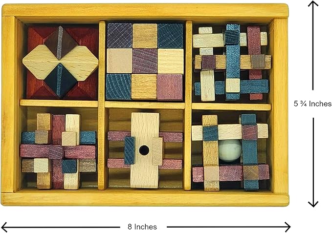Wooden Brain Teaser Puzzles 6 Pack - 3D Brain Teasers for Adults & Kids - Educational and Fun Gift Ideas - Mind Puzzles for Adults