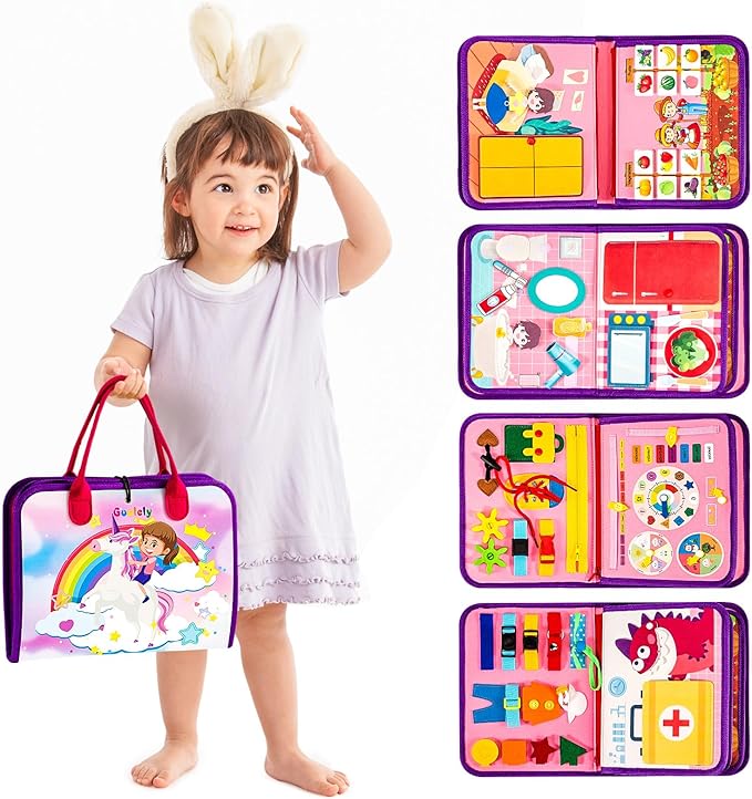 Guolely Busy Board Montessori Toys for 1-4 Year Old Girl Gift - 10 in 1 Sensory Learning Activities with Role-Play,Life Skill, Alphabet, Shape, Clock, Weather - Toddler Travel Toys for Airplane Car