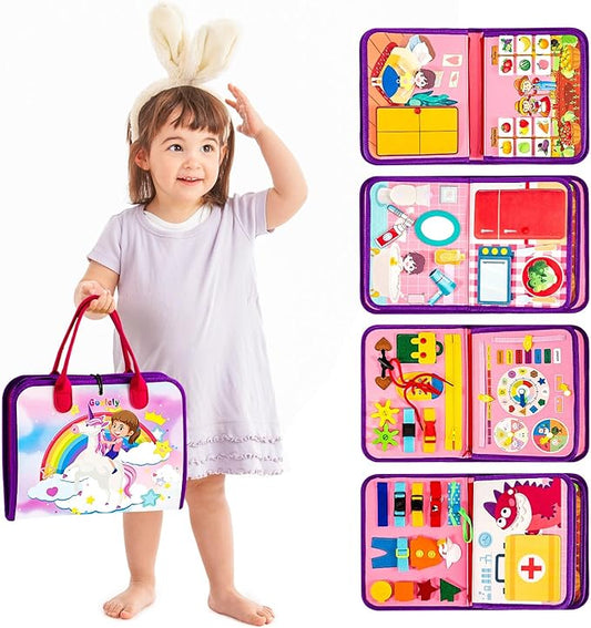 Guolely Busy Board Montessori Toys for 1-4 Year Old Girl Gift - 10 in 1 Sensory Learning Activities with Role-Play,Life Skill, Alphabet, Shape, Clock, Weather - Toddler Travel Toys for Airplane Car