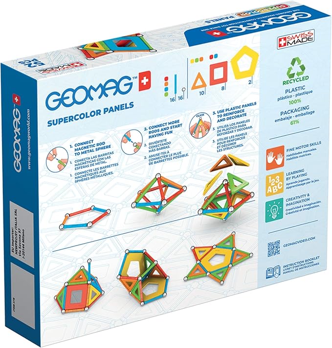 Geomag Magnetic Toys | Magnets for Kids | STEM-endorsed Educational Building Set | 100% Recycled Plastic Supercolor Panels | Storage Box | 52-Pieces | Age 5+