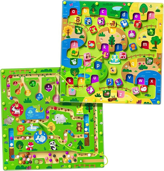 2 in 1 Magnetic Color and Number Maze Magnet Alphabet Counting Double Sided Board Wood Puzzle Fine Motor Skills Montessori Preschool Toys Gifts for Boys and Girls 3-5 Age (Big Zoo, One Size)