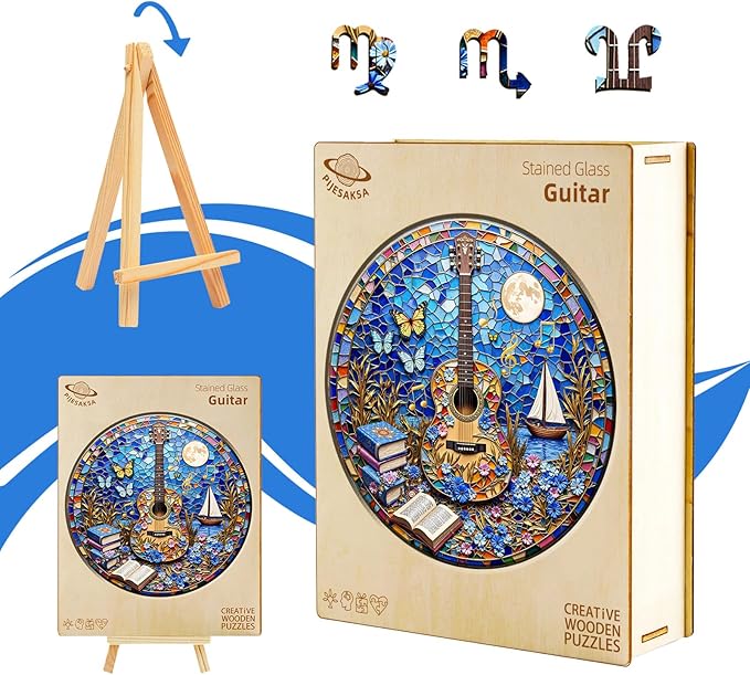 Wooden Puzzles for Adults, Stained Glass Guitar Wooden Jigsaw Puzzle for Adults, Music Books Wood Puzzles Adult, Unique Shape, Fun Presents for Friends, Wall Art Home Decor(L -13.4 * 13.3in-375 pcs)