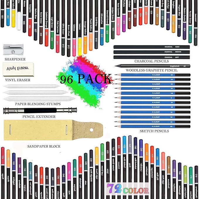KALOUR 96 Premium Drawing Pencil Set,including 72 Colored pencil and 24 sketch kit, for Drawing,sketching and Coloring Books,Art Supplies for Beginner,Artists and Adults