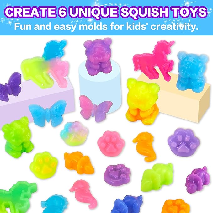 Make Your Own Squishies Animal Toys,6 Rubber Characters Making kit,Glow-in-The-Dark Science Activity kit, Silicone Squishies Craft Kit,Squeeze Gift Set for Boys and Girls Ages 6-12