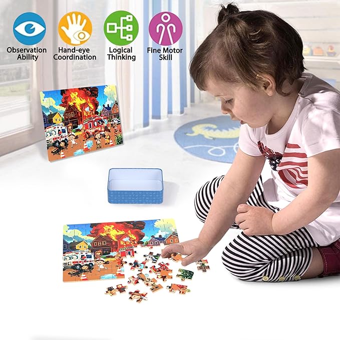 LELEMON Puzzles for Kids Ages 4-6, Fire Fighting 60 Piece Puzzles for Kids Ages 3-5 in a Metal Box, Educational Jigsaw Puzzles Childrens Puzzle Games Puzzle Toys for Girls and Boys