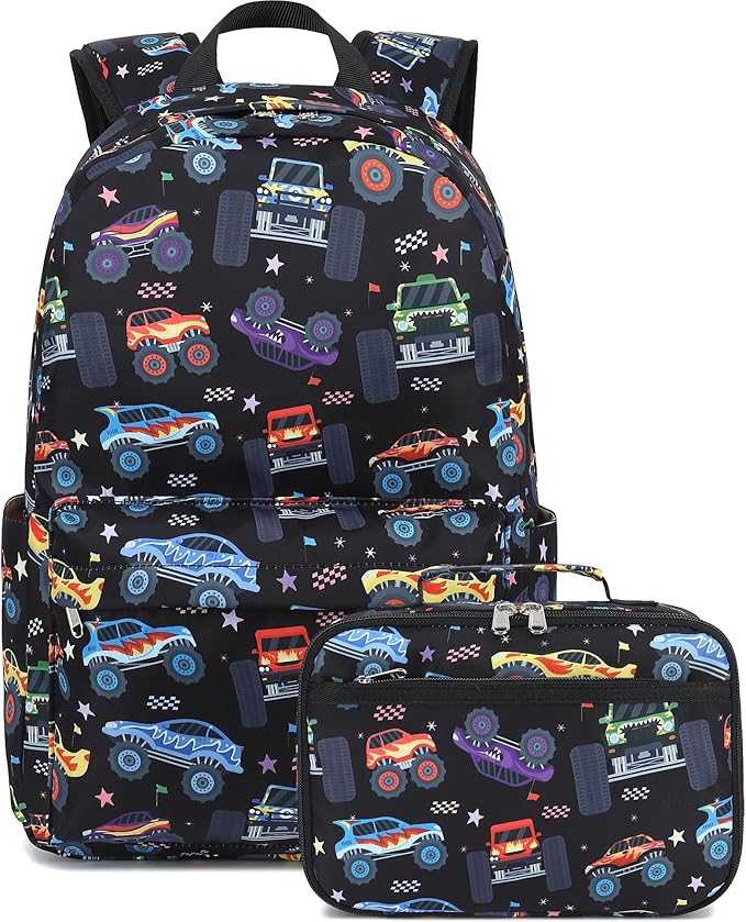LEDAOU Kids School Backpack with Lunch Box for Boys Girls Kindergarten BookBag School Bag Preschool Toddler Backpack (Monster Truck Black)