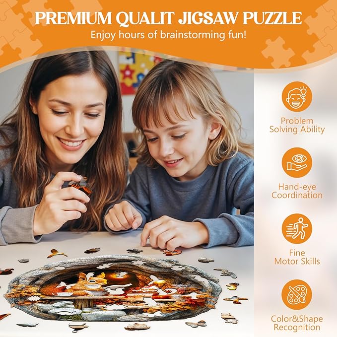 Wooden Puzzles for Adults, Wooden Jigsaw Puzzles for Adults Kids, 3D Burrow Squirrel Unique Shaped Wood Puzzles Adult, Creative Birthday Gifts for Friends Family Game (8.5 * 8.3in 100pcs)