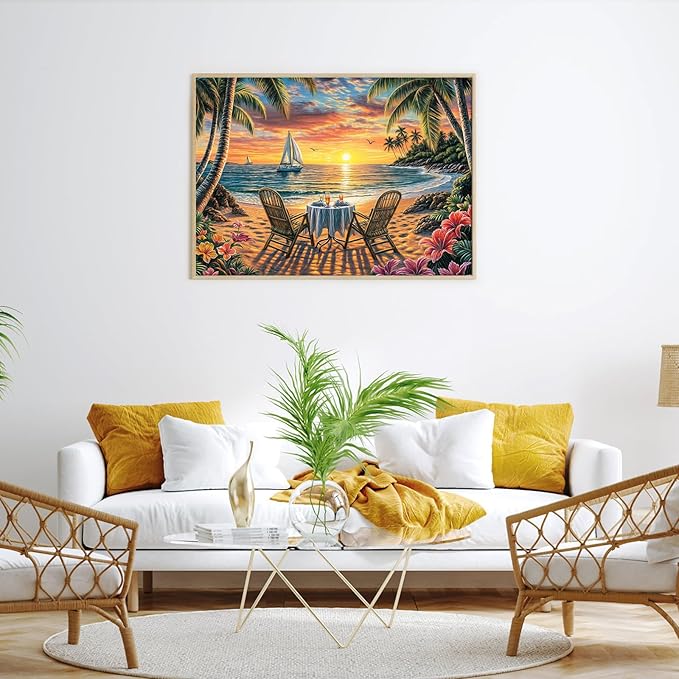 Beach Dinner Jigsaw Puzzles 1000 Pieces for Adults Sailboat Palm Trees Flowers 1000 Piece Jigsaw Puzzles for Adults
