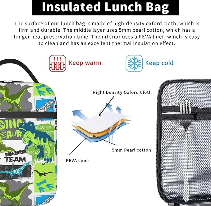 Cartoon Dinosaur Reusable Lunch Box Food Bag Insulated Lunch Bag for Teenage Boys Girls School Beach