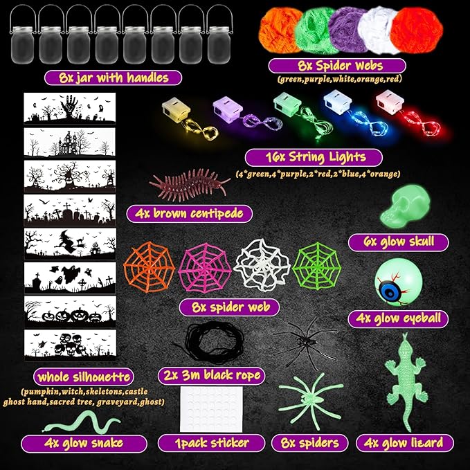 Letapapa Halloween Crafts for Kids, 8 PCS Mason Jar with Accessories for DIY Craft & Art Party Favor Supplies, Halloween Decoration Trick or Treating, Classroom Art Activities