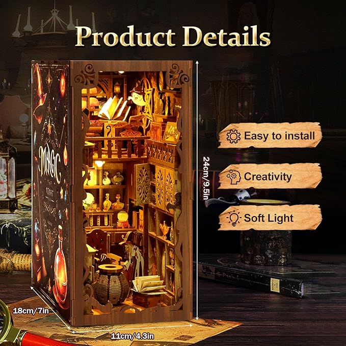 Book Nook Kit for Adult - THRIVINGIVAN Miniature Model Build Dollhouse Kit 3D Wooden Puzzle with Sensor Led Light for Bookshelf Bookend Insert Decor Adults Teen Crafts(Magic Bookstore)