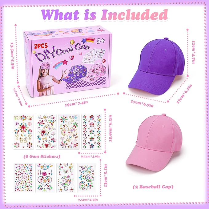 DIY Gem Baseball Cap Craft Kit: Design Your Own Hats with Unicorn Stickers, Adjustable Kids Baseball Caps, Trendy Tween Gifts Toys for Girls Age 4-12 Years Old, Birthday Christmas Art Supplies