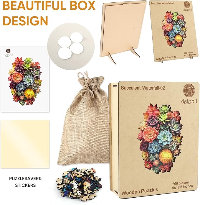 delobi Succulent Waterfall Wooden Puzzles, 200 Pieces Jigsaw Puzzles 13.1'' x 8.9'', Unique Design Liberty Wooden Puzzles for Adults and Kids, Family Game Gift Royal Size