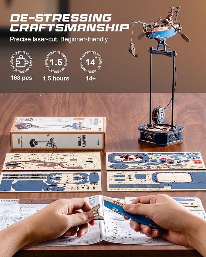 ROKR 3D Wooden Puzzles for Adults,Gravity Swing Ocean Fisher Model kit, 161Piece 3D Puzzles for Adults