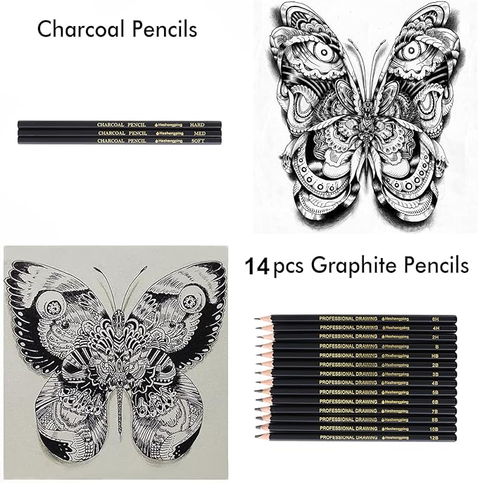 78pcs Drawing Kit Sketching Set Art Supplies with 3-Color Sketchbook Colorful Portable Case Colored Graphite Charcoal Watercolor Mettallic Pencil sketch draw gift set for Artist Adult Beginner