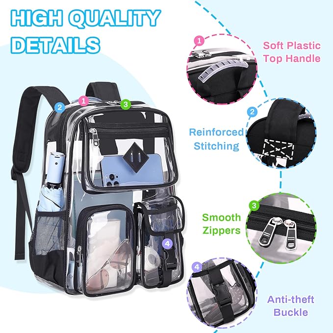 Clear Backpack for School,Heavy Duty PVC Transparent Bookbag for Girls Stadium Approved See Through Backpack