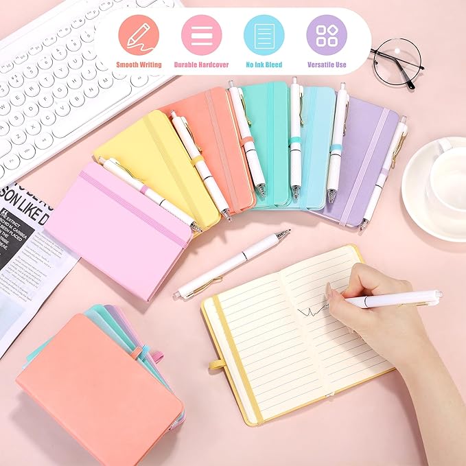 Aneco 50 Sets Pocket Notebook Journals with Pens, A6 Mini Hardcover PU Leather Lined Notebooks 3.5 x 5.5 Inch College Ruled Notepad With Pen Holder for Office School Supplies, Pastel Color