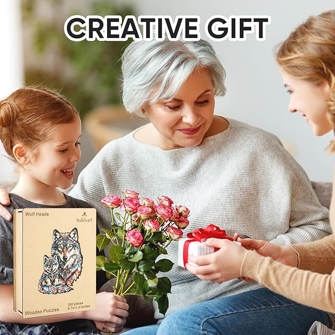 Ruikiyart Wooden Puzzles for Adults, 5MM 200 Pieces Wolf Family Wooden Jigsaw Puzzles, Animal Unique Shaped Puzzle Gifts for Adults and Kids on Thanksgiving, Family Puzzle Games (8.7"*11.4")