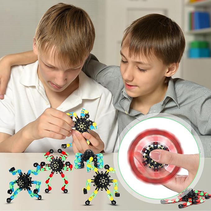 100 Pcs Funny Sensory Fidget Toy Bulk Transformable Chain Robot Finger Toys Fidget Spinners Stress Relief Fingertip Gyro Deformable Mechanical Spiral Spinner for Adult Kids ADHD(Glow)
