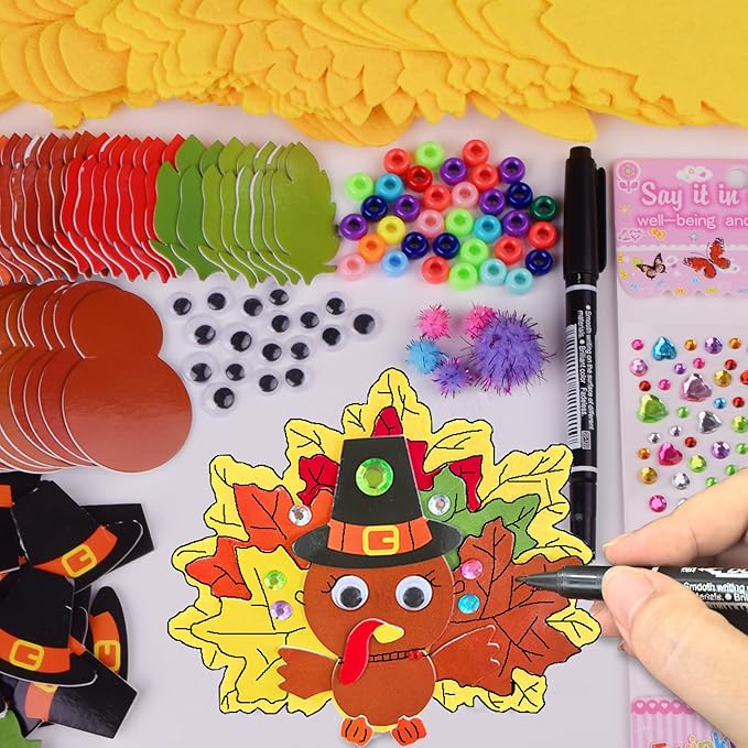 24 Sets Thanksgiving Turkey Ornaments Decorations Art Sets DIY Thanksgiving Craft Kits Fall Crafts Autumn Leaf Pumpkin Turkey Foam Stickers Arts and Crafts for Kids Party Classroom Activities