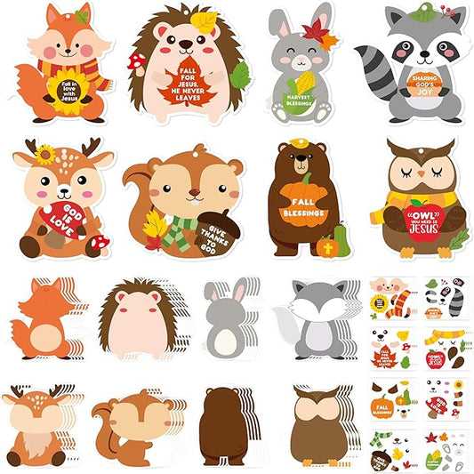 ANGOLIO 123Pcs Fall Animal Stickers for Kids DIY Craft Kit - Hedgehog Owl Fox Self-Adhesive Autumn Art Projects, Classroom Home Activities, Thanksgiving Party Favors, Sunday School Decor