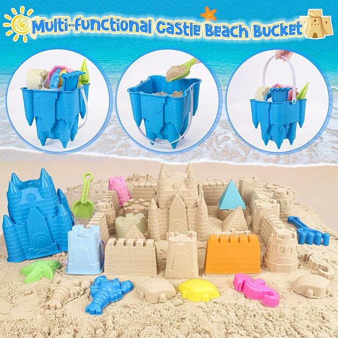 Beach Toys Sand Toys for Kids, Sand Castle Toys with Castle Bucket, Sand Molds, Shovel and Rake, Sandbox Toy for Toddlers 1-3 4 5 6 7 8 9 10 12, Beach Summer Accessories for Kids
