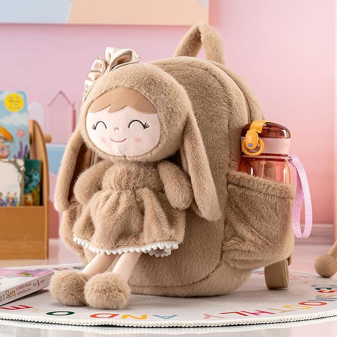 Gloveleya Toddler Backpack with Soft Brown Rabbit 11 inches Detachable Design for Girl Age 2+