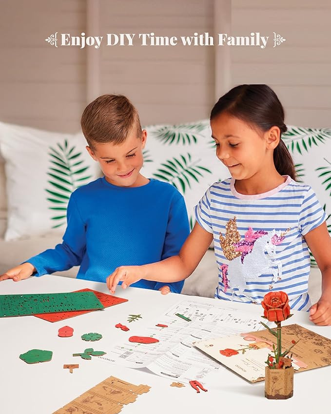 rowood 3D Puzzle Wooden Flower,DIY Artifical Flower Building Toy Set Craft Kit for Women,Mother's Day/Valentine's Day/Teacher's Day/Thanksgiving/Christmas/Birthday Choice-Red Rose