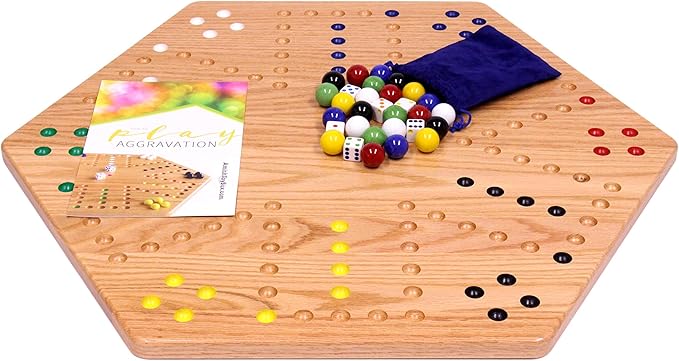AmishToyBox.com Wahoo Wooden Marble Game Board Set - Large 24" Wide - Solid Oak Wood - Double-Sided - with Large 22mm Marbles and Dice Included