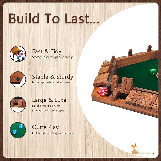 Shut The Box Game Wooden Board Game for 1-6 Players with 16 Dice, Dice Game for Adults & Kids at Home, Classroom or Parties