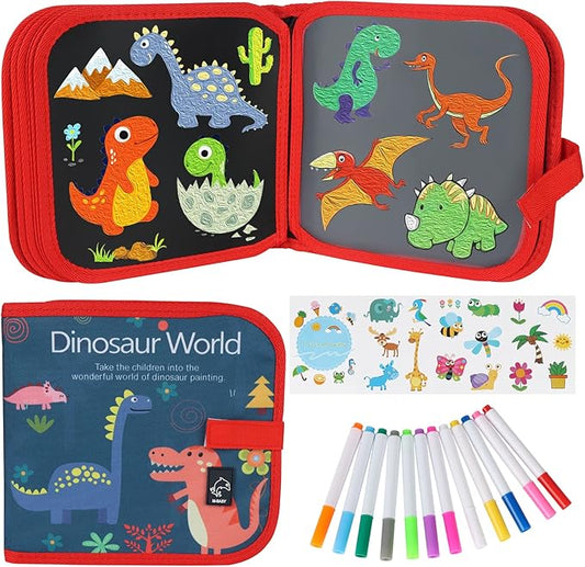 Erasable Doodle Set for Kids - Magic Drawing Book With 12 Watercolor Pens, 14 Page Reusable Drawing, Road Trip Car Game Writing Painting Set for Boys and Girls (Red)