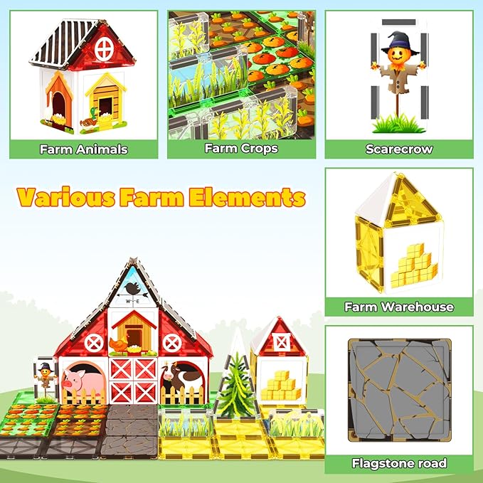 Magnetic Tiles Farm Animal Toys Set for Toddles Kids, Montessori STEM Toys for 3+ Year Old Boys Girls, Magnetic Building Blocks, Construction Sensory Magnets Games Educational Birthday Toys Gifts