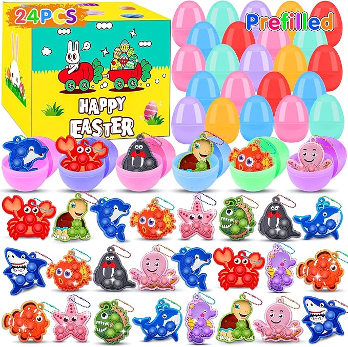 24 Pack Prefilled Easter Eggs with Toys,2.7inch Easter Eggs Filled with Sea Animal Pop Toys,Easter Basket Stuffers for Kids,Prefilled Eggs for Easter Egg Hunt