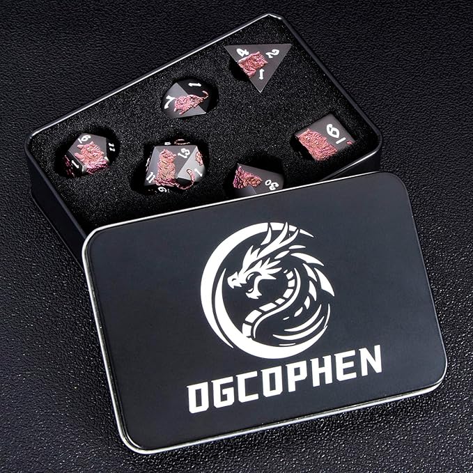 Metal DND Cat Dice 7PCS Polyhedral RPG Dice Set with Gift Case for Dungeons Dragons Role Playing Game, D and D Dice D6 D8 D10 D12 D20 D% (Purplish Red) 