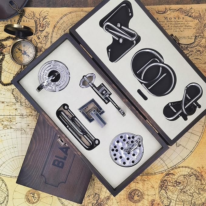 8-Piece 3D Metal Puzzle Box & IQ Test Kit | Brain Challenge w/Wooden Case | Enhance Focus & Hand-Eye Coordination | Sleek Black Geometric Puzzle for Adults & Teens