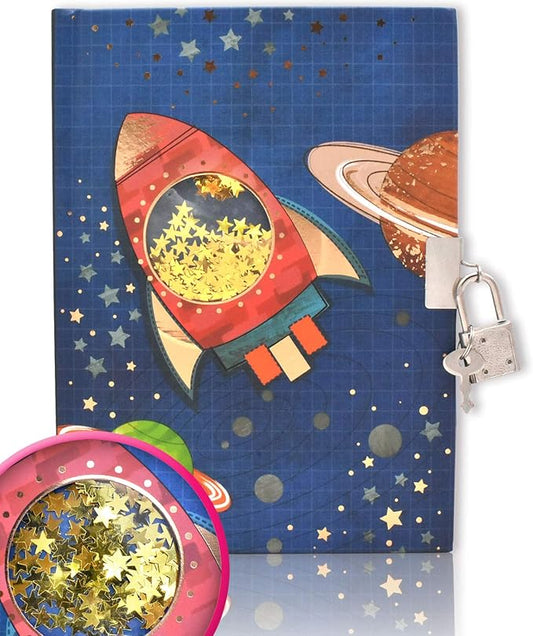 GINMLYDA Boys Diary with Lock for Kids, Spacecraft Diaries 7.1x5.3 inches 160 Pages Cute Boy Journal Secret Notebook with Lock and Key for Little Kid Writing Drawing Gift for Pre school Age 6,8,12