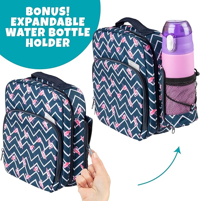 Kids Insulated Lunch Box w Snack Pocket & Expandable Water Bottle Holder For Girls- Waterproof Lunchbox Tote Keeps Food Hotter or Colder Longer - Reusable Back to School Bag Fits Most Bento Containers