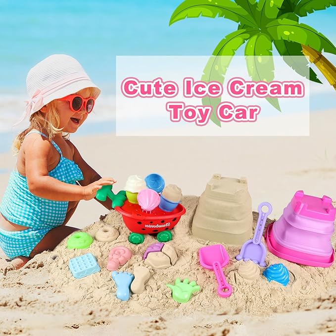 Beach Toys, Ice Cream Sand Toys with Collapsible Beach Bucket, Ice Cream Scoop and Cart, Sand Molds, Mesh Bag, Summer Outdoor Travel Toys for Toddlers 3-5