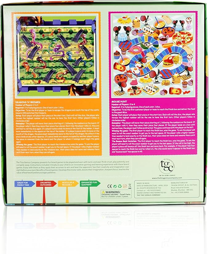 2-in-1 Family Board Game for Kids 5+ | Folding 19x19 Inch Board with 16 Pawns & Dice | Dragons & Bridges + Mouse Cafe | Educational & Fun Travel Game for Kids & Families