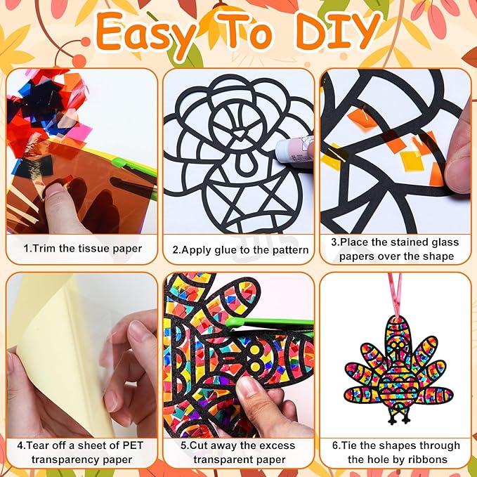 EggSun 36 Sets Fall Turkey Suncatchers Craft Kit for Kids Ornaments Stained Glass Window Arts and Crafts Kit for Thanksgiving Classroom Holiday Projects Home Party Favors Decorations Ages 4 8 12