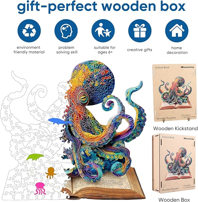 Wooden Puzzles for Adults, Octopus Book Jigsaw Puzzles 200 Pieces, Unique Shape Animal Adult Puzzles, Irregular Wood Best Gift for Adults Family Game(11.4 * 10.9 in)