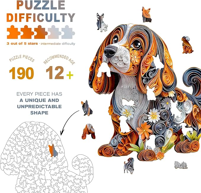Wooden Puzzles for Adults - Paper Dachshund Wooden Jigsaw Puzzle - Unique Animal Shaped Wood Puzzles Adult - Christmas Birthday Gifts for Adults/Friends/Family - 190pcs 11.4 * 10.2in