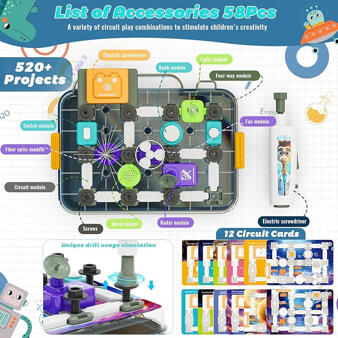 Science Kits for Kids Age 5-7 8-12, STEM Educational Learning Toys with 58 Circuit Parts, Over 520 Projects, Travel Sensory Table Fidget Toy for Boys Girls Birthday Gifts Ages 3 4 5 6 7 8 9 10 11 12