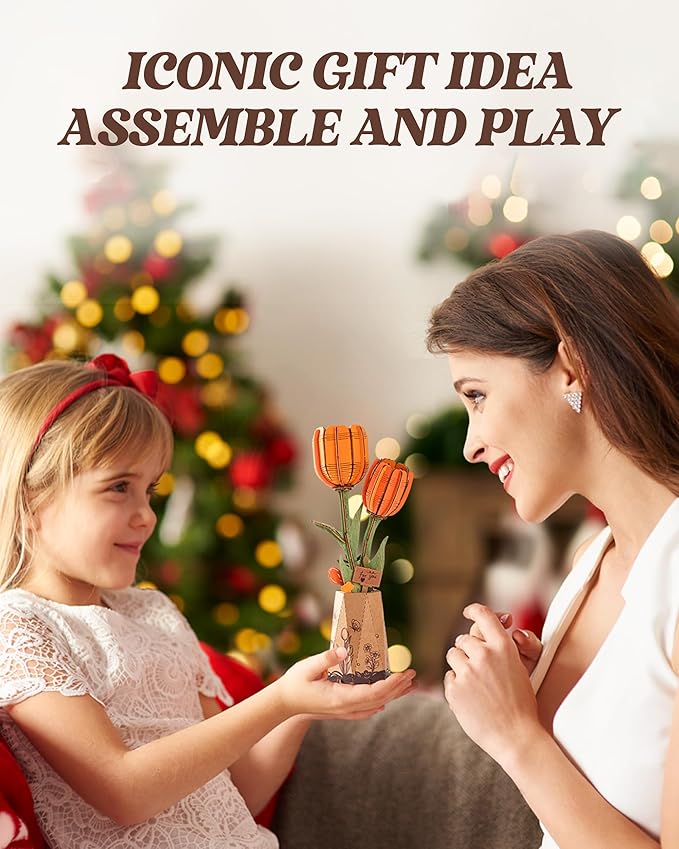 rowood Wooden Flower,DIY Artifical Flower Building Set Craft Kit for Adults,Mother's Day/Valentine's Day for Mom/Women/Grandma-Orange Tulip