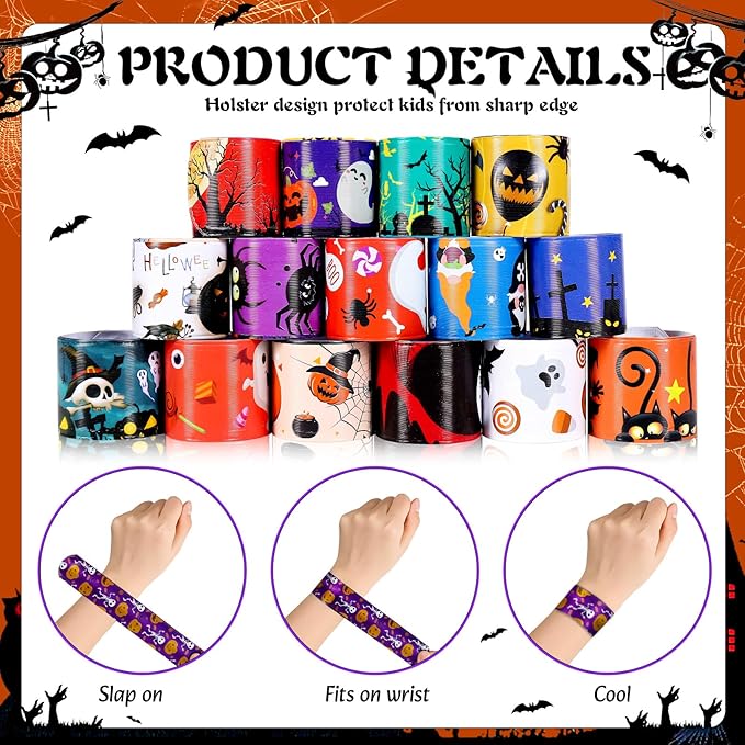 LUYI 250 PCS Halloween Slap Bracelets,Halloween Party Favors Supplies -50 Different Designs Bracelets Bulk for Halloween Decorations Treat Toys Bag Stuffers Gift