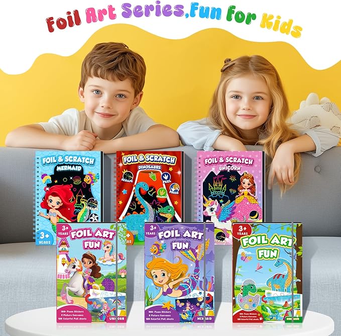 homicozy Art & Craft Activity for Kids - Foil Fun Dinosaurs & Scratch Art Book 2-in-1, No Mess Art Crafts for boys,DIY Creative Activity Kit,Gifts for Boys and Girls Ages 4, 5, 6, 7, 8, 9, Travel Toys