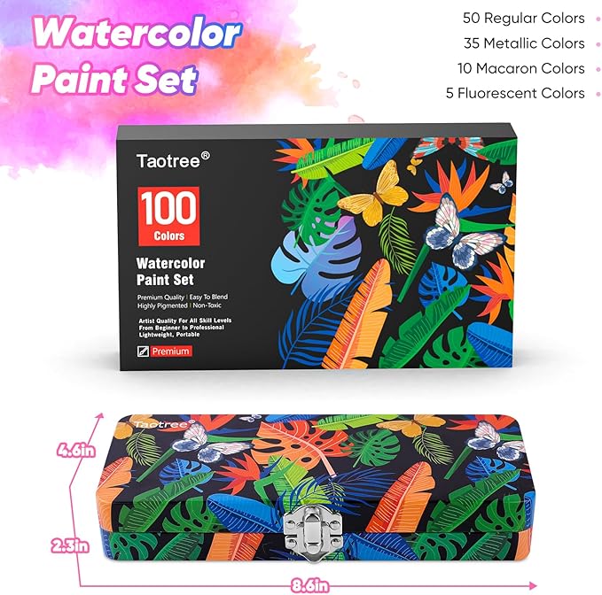 Taotree Watercolor Paint Set 100 Colors, Art Supplies Watercolors Kit Travel Water Colors with Paints Brushes, Crafts Painting Supplies, Drawing Gifts for Teens Girls Boys Kids Adults Artists
