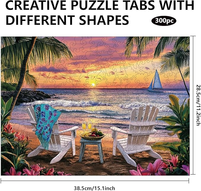 GLOBLELAND 300Pcs Summer Beach Wooden Jigsaw Puzzles for Adult Ocean Waves Wooden Puzzles Colorful Unique Shaped Wood Puzzles for Holiday Birthday Gifts