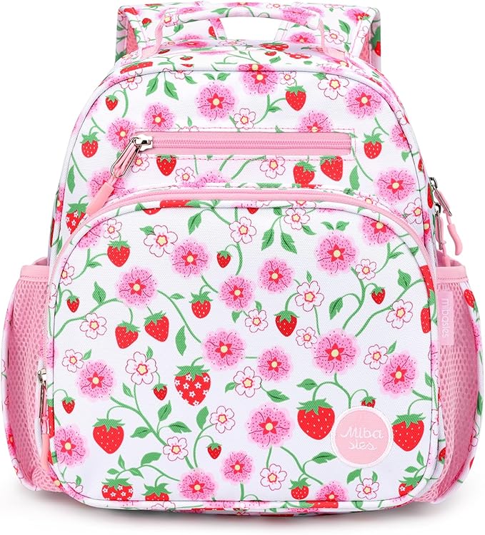 mibasies Toddler Backpack for Girls 2-4: Cute Kids Backpacks for Girls - Preschool Kindergarten Backpack - Strawberry Floral Pink