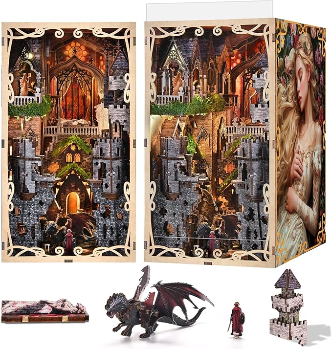 Book Nook Kit for Adults, DIY 3D Wooden Puzzle Booknook Bookshelf Insert Decor with LED Light and Dust Cover (Sleeping Beauty)